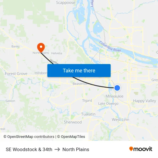 SE Woodstock & 34th to North Plains map