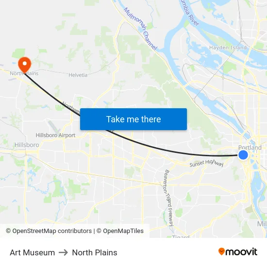 Art Museum to North Plains map