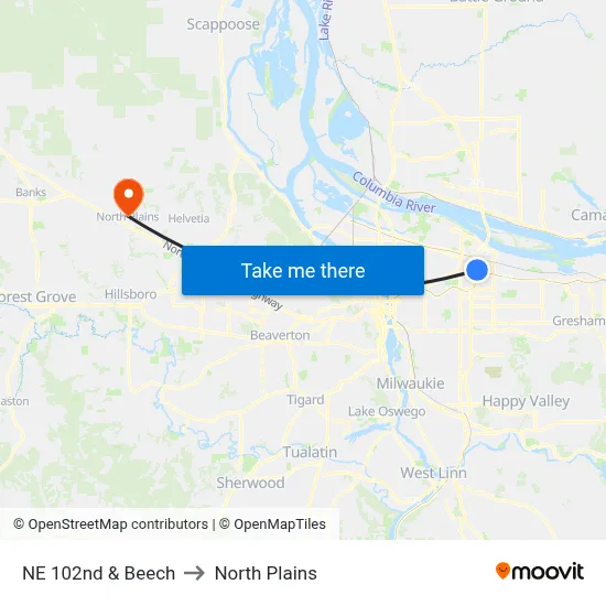 NE 102nd & Beech to North Plains map