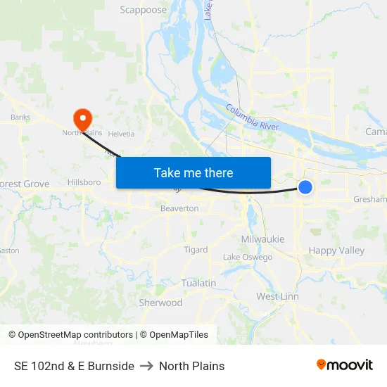 SE 102nd & E Burnside to North Plains map