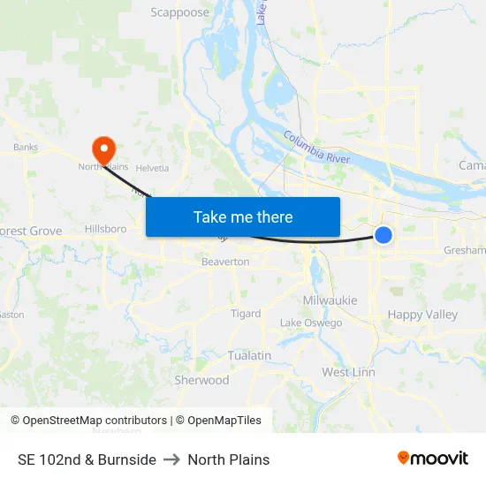 SE 102nd & Burnside to North Plains map