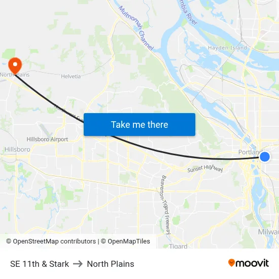 SE 11th & Stark to North Plains map