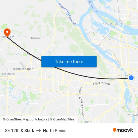 SE 12th & Stark to North Plains map