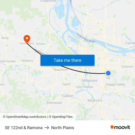 SE 122nd & Ramona to North Plains map
