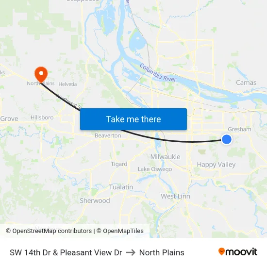 SW 14th Dr & Pleasant View Dr to North Plains map