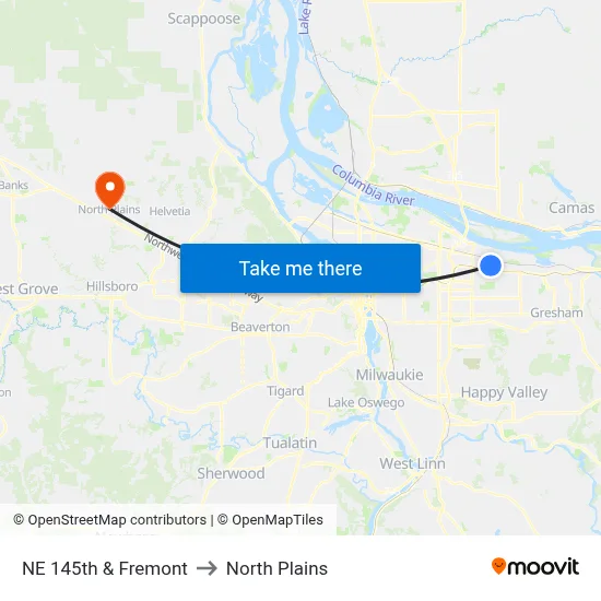 NE 145th & Fremont to North Plains map