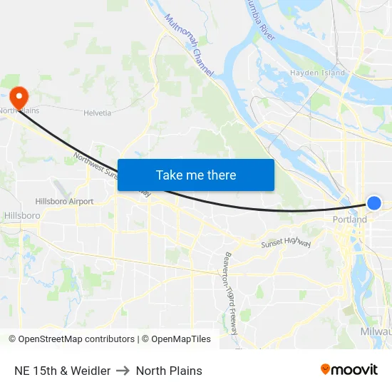 NE 15th & Weidler to North Plains map