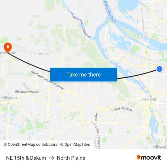 NE 15th & Dekum to North Plains map