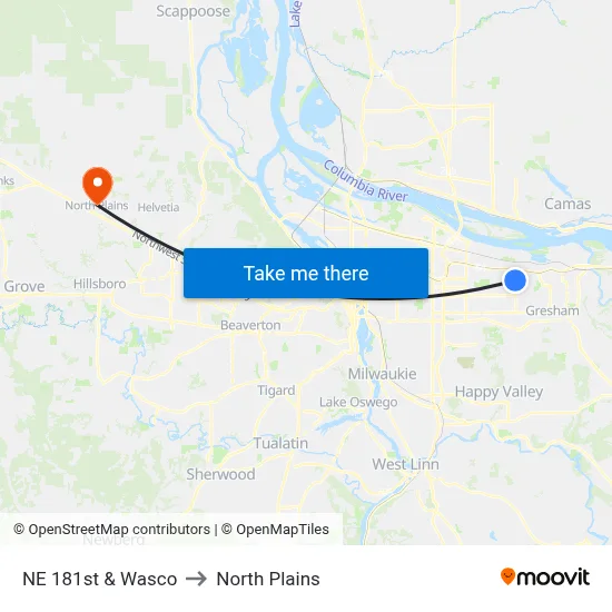 NE 181st & Wasco to North Plains map