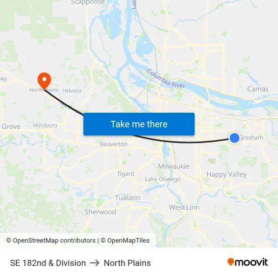 SE 182nd & Division to North Plains map