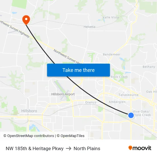 NW 185th & Heritage Pkwy to North Plains map