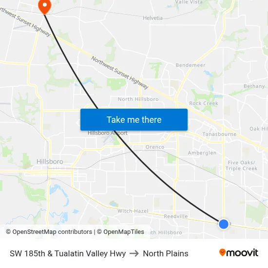SW 185th & Tualatin Valley Hwy to North Plains map