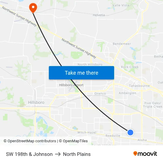 SW 198th & Johnson to North Plains map