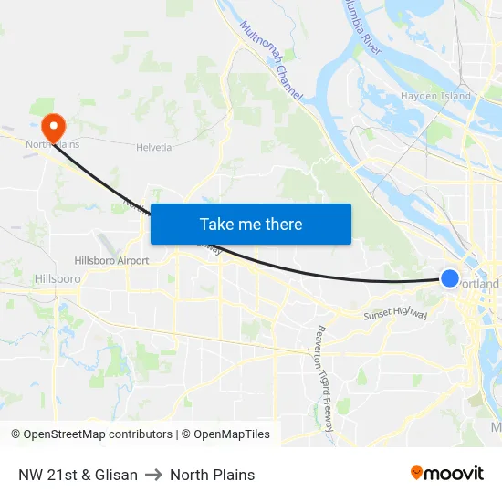 NW 21st & Glisan to North Plains map