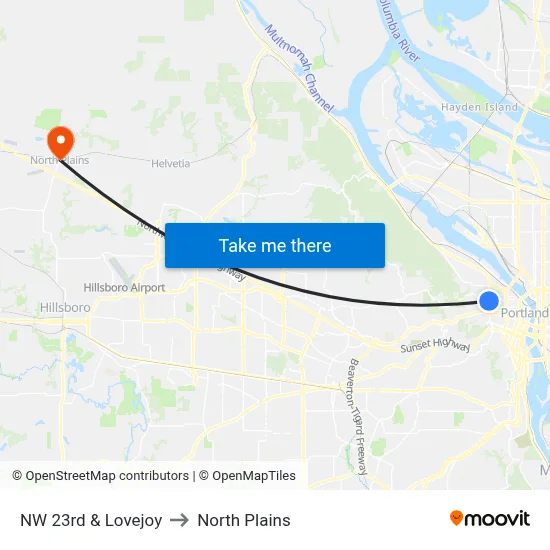 NW 23rd & Lovejoy to North Plains map