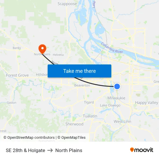 SE 28th & Holgate to North Plains map