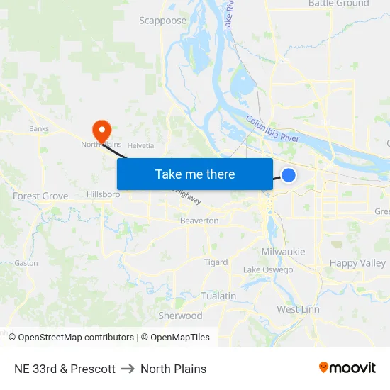 NE 33rd & Prescott to North Plains map