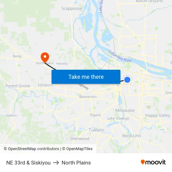 NE 33rd & Siskiyou to North Plains map