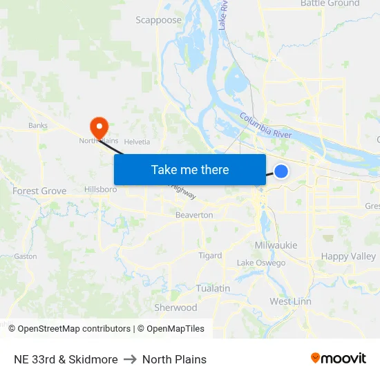 NE 33rd & Skidmore to North Plains map