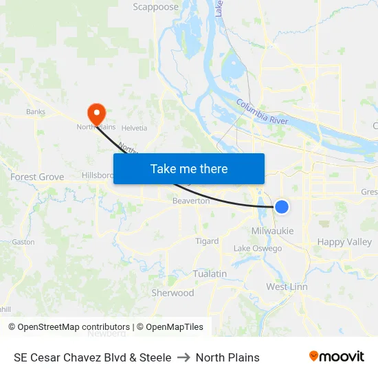 SE Cesar Chavez Blvd & Steele to North Plains map