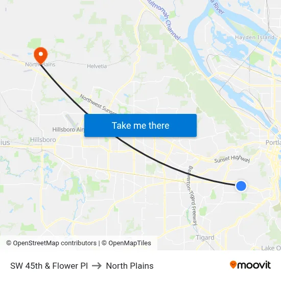 SW 45th & Flower Pl to North Plains map