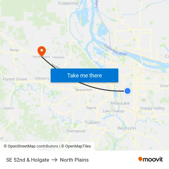 SE 52nd & Holgate to North Plains map