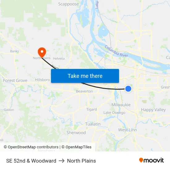 SE 52nd & Woodward to North Plains map