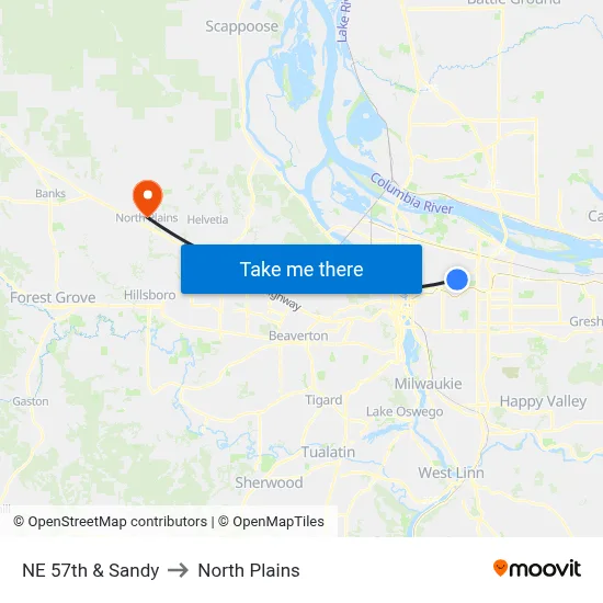 NE 57th & Sandy to North Plains map