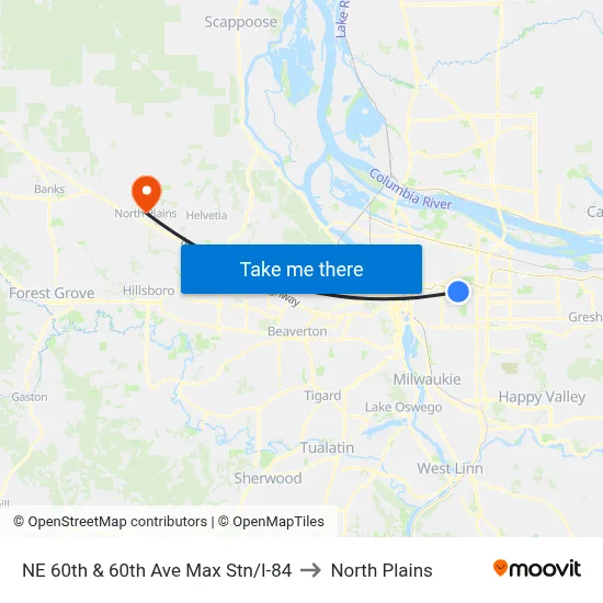 NE 60th & 60th Ave Max Stn/I-84 to North Plains map