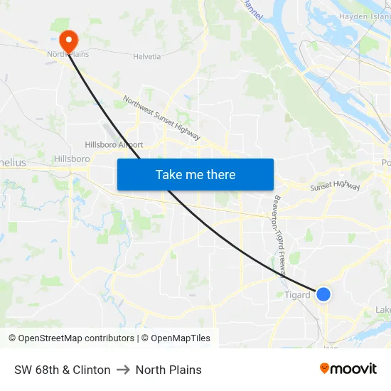 SW 68th & Clinton to North Plains map