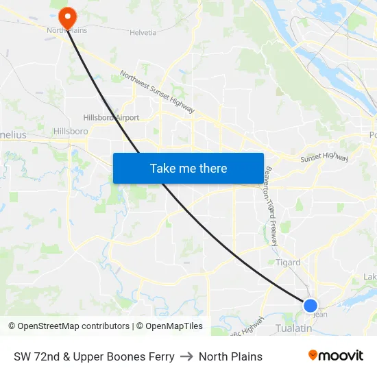 SW 72nd & Upper Boones Ferry to North Plains map