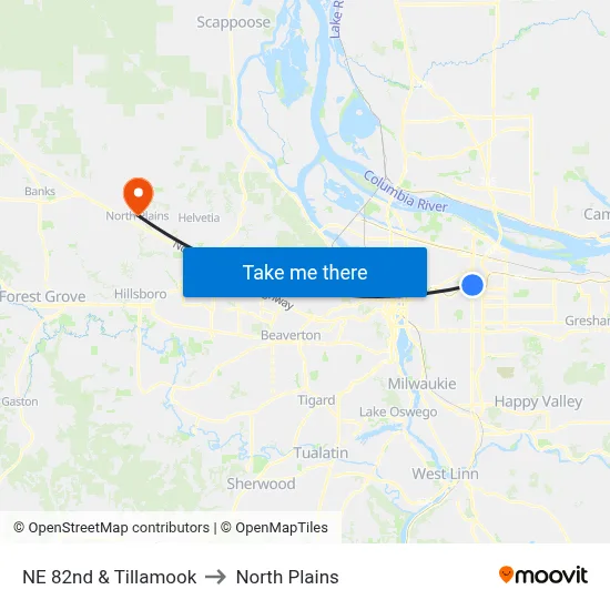 NE 82nd & Tillamook to North Plains map