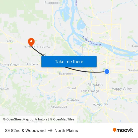 SE 82nd & Woodward to North Plains map