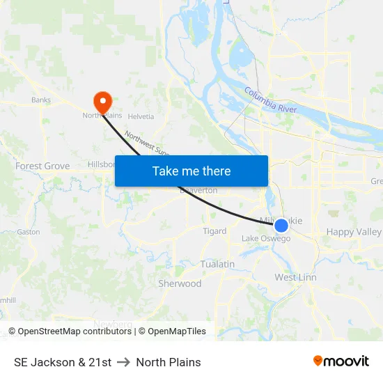SE Jackson & 21st to North Plains map