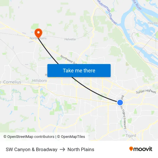 SW Canyon & Broadway to North Plains map