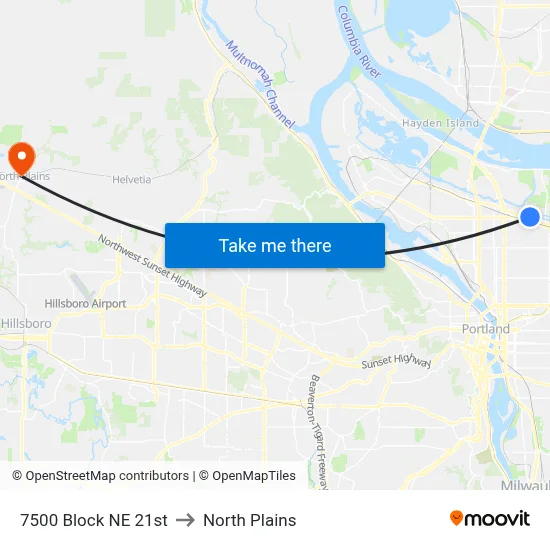 7500 Block NE 21st to North Plains map