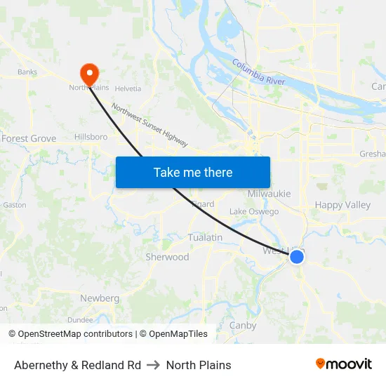 Abernethy & Redland Rd to North Plains map