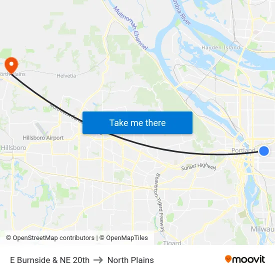 E Burnside & NE 20th to North Plains map
