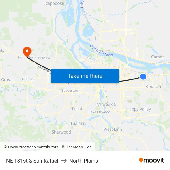 NE 181st & San Rafael to North Plains map