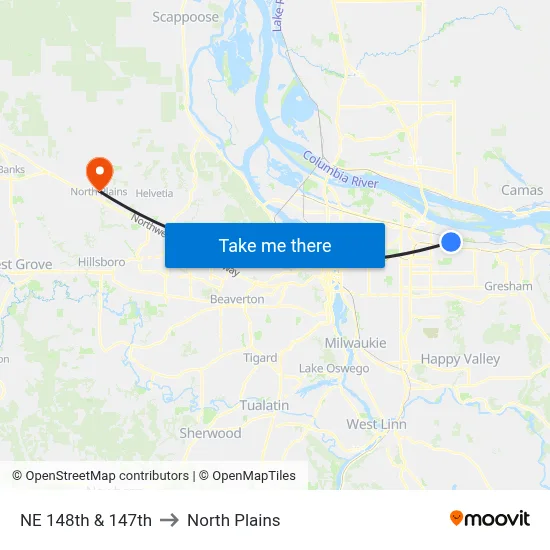 NE 148th & 147th to North Plains map