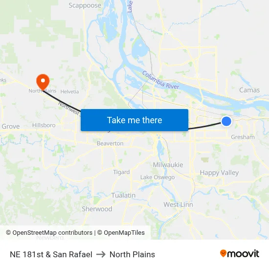 NE 181st & San Rafael to North Plains map