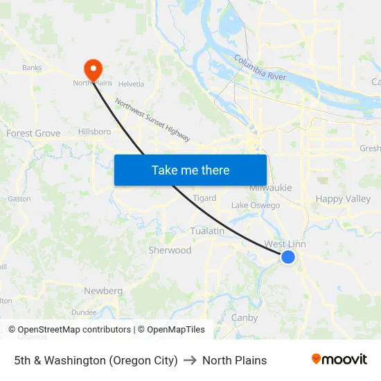 5th & Washington (Oregon City) to North Plains map