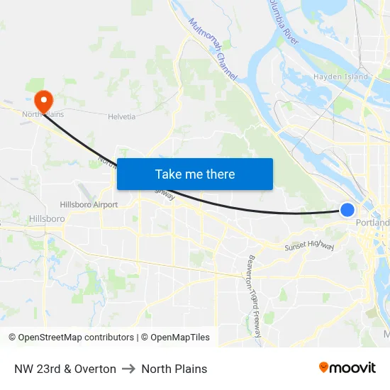 NW 23rd & Overton to North Plains map