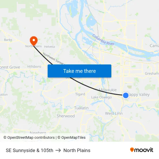 SE Sunnyside & 105th to North Plains map