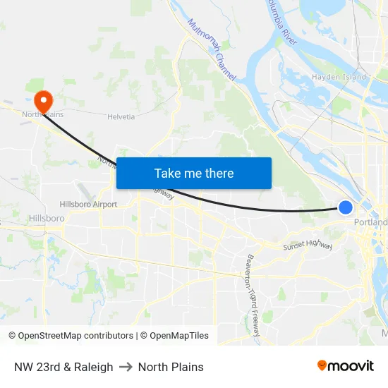 NW 23rd & Raleigh to North Plains map