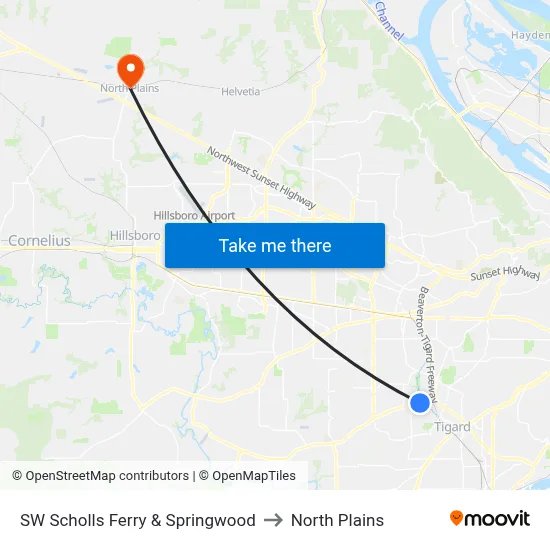 SW Scholls Ferry & Springwood to North Plains map