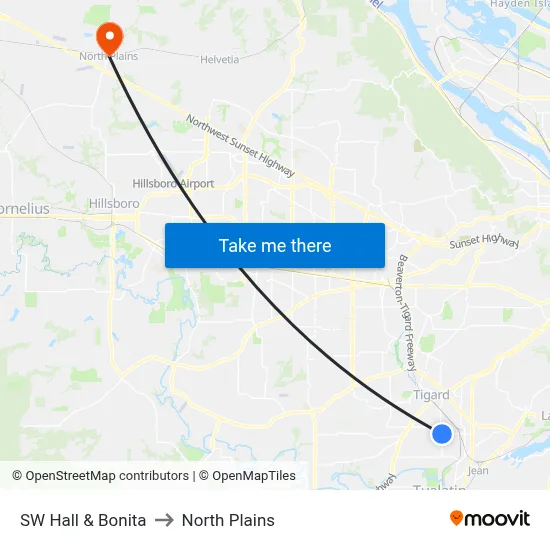 SW Hall & Bonita to North Plains map