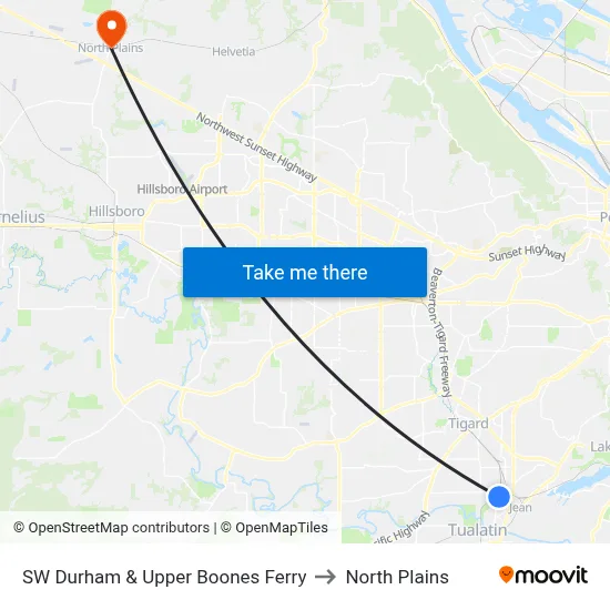 SW Durham & Upper Boones Ferry to North Plains map