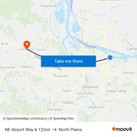 NE Airport Way & 122nd to North Plains map