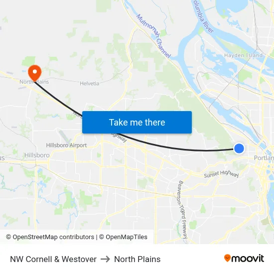 NW Cornell & Westover to North Plains map